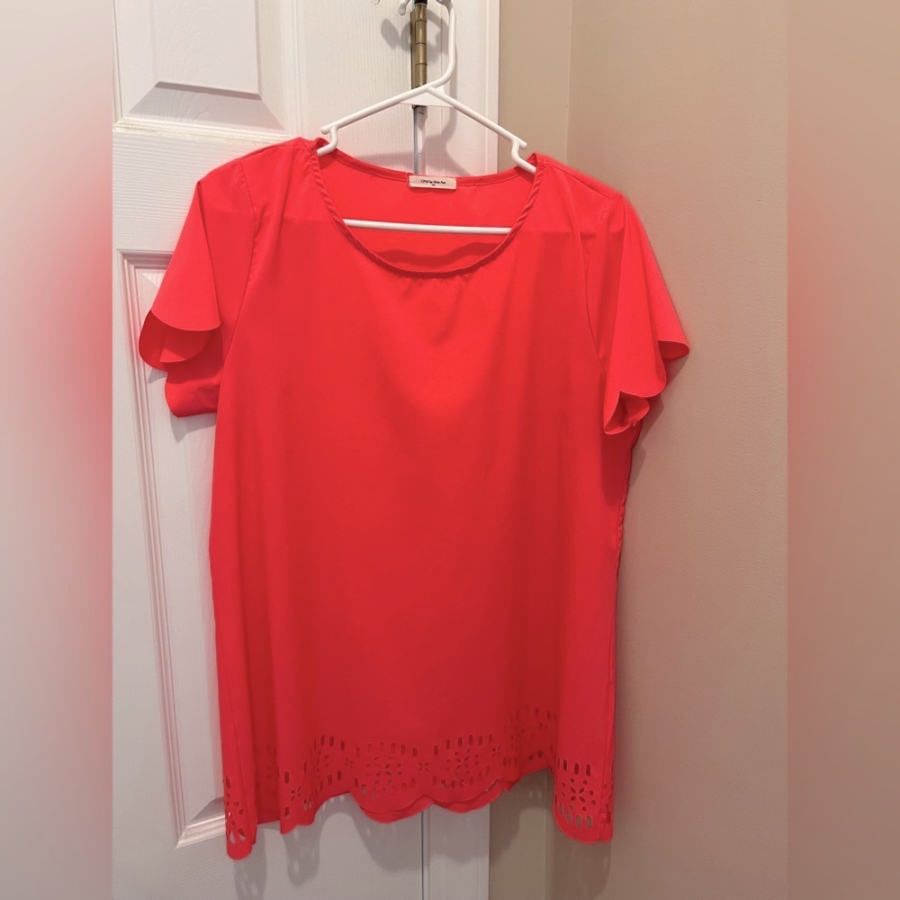 Bright coral scalloped blouse/top-Medium.
